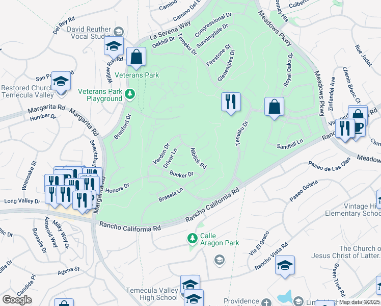 map of restaurants, bars, coffee shops, grocery stores, and more near 41833 Niblick Road in Temecula