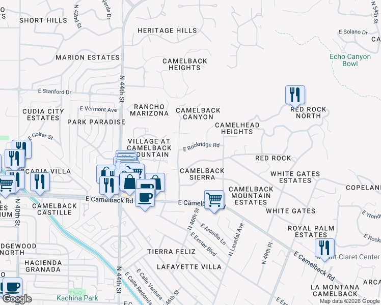 map of restaurants, bars, coffee shops, grocery stores, and more near 4545 East Rockridge Road in Phoenix