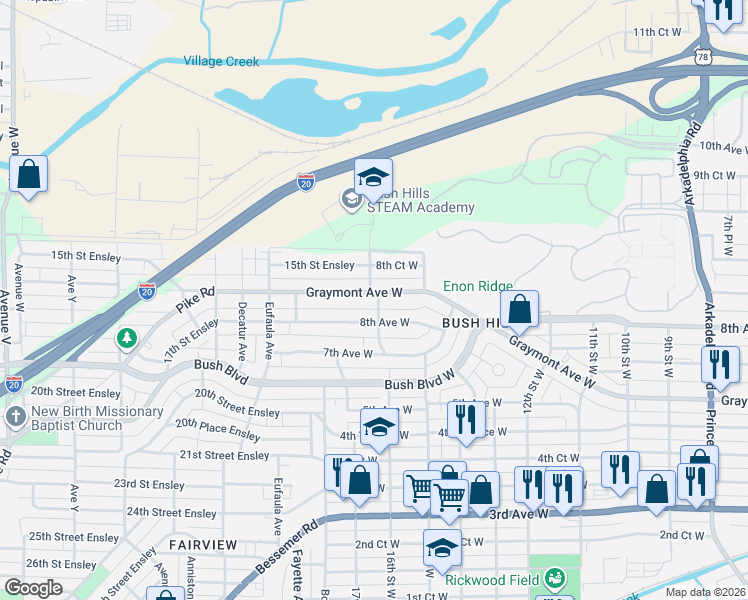 map of restaurants, bars, coffee shops, grocery stores, and more near 1601 Graymont Avenue West in Birmingham
