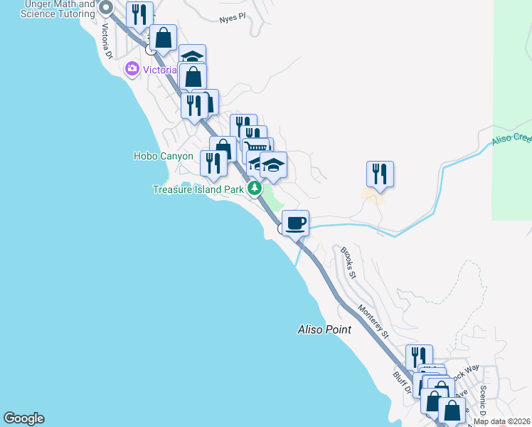 map of restaurants, bars, coffee shops, grocery stores, and more near 31001 Coast Highway in Laguna Beach