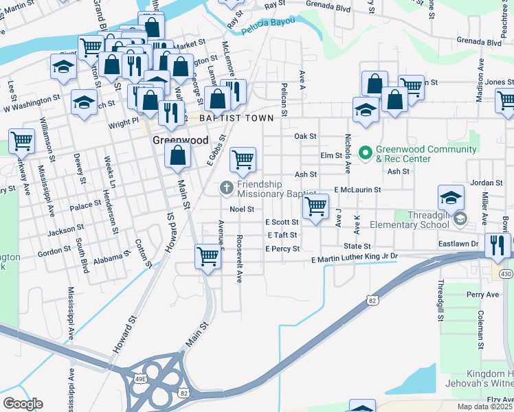 map of restaurants, bars, coffee shops, grocery stores, and more near 613 Avenue F in Greenwood