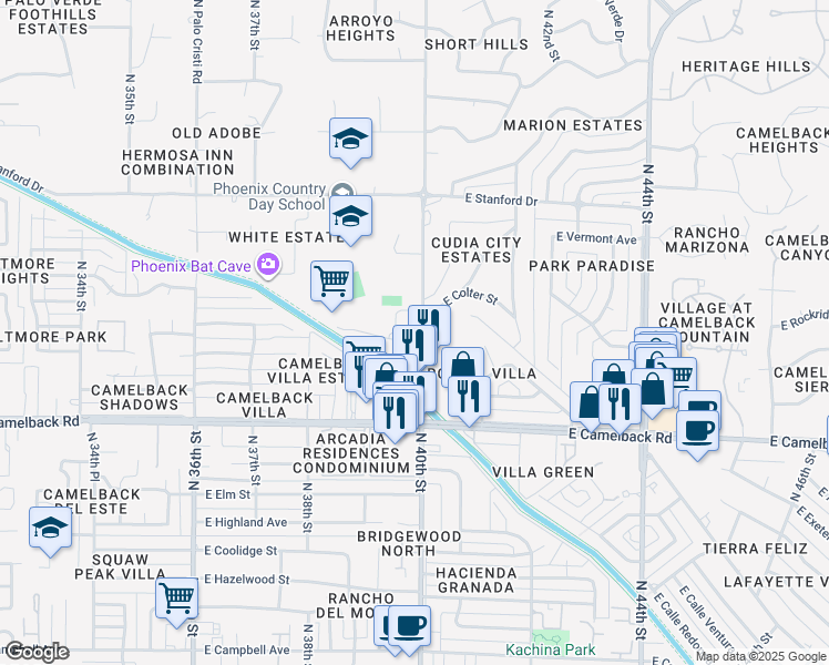 map of restaurants, bars, coffee shops, grocery stores, and more near 5088 North 40th Street in Phoenix