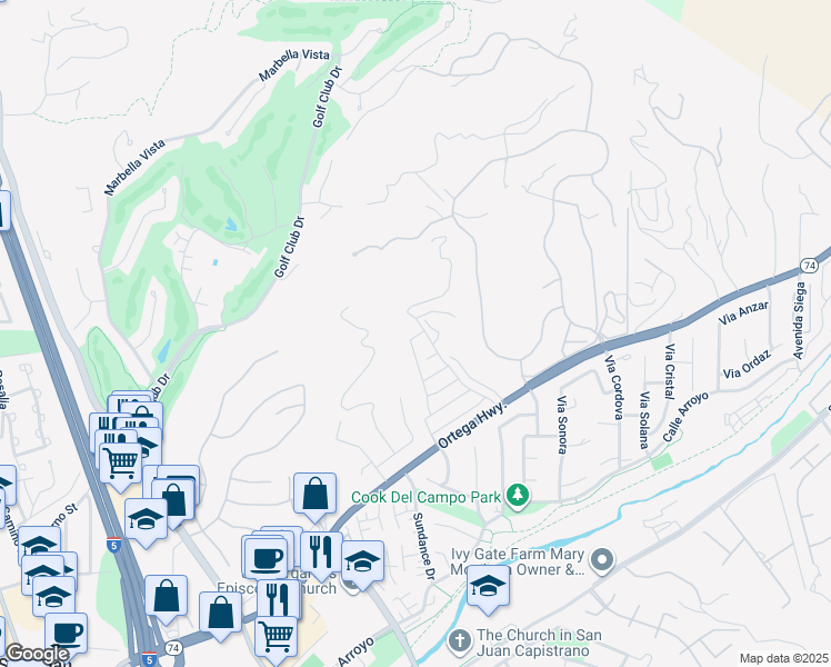 map of restaurants, bars, coffee shops, grocery stores, and more near in San Juan Capistrano