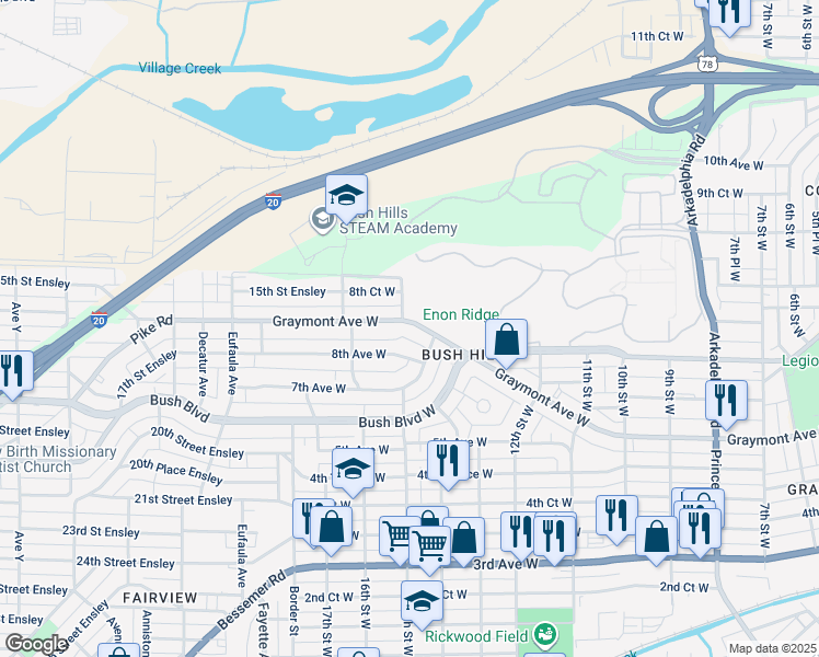 map of restaurants, bars, coffee shops, grocery stores, and more near 1509 Graymont Avenue West in Birmingham