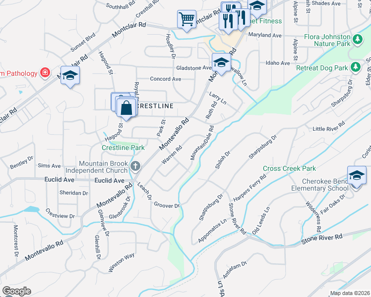 map of restaurants, bars, coffee shops, grocery stores, and more near 4313 Warren Road in Birmingham