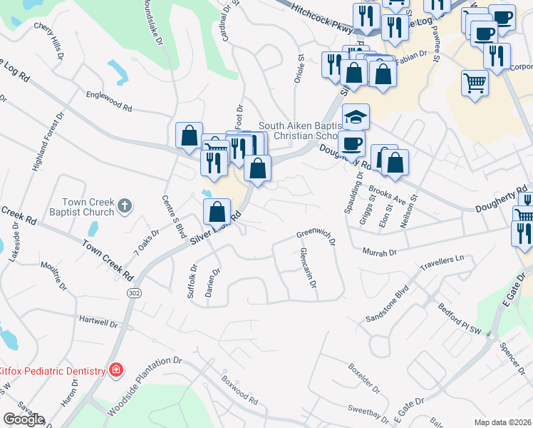 map of restaurants, bars, coffee shops, grocery stores, and more near 129 Charleston Row Boulevard in Aiken
