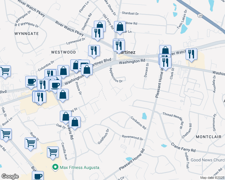 map of restaurants, bars, coffee shops, grocery stores, and more near 308 Hornhead Drive in Martinez
