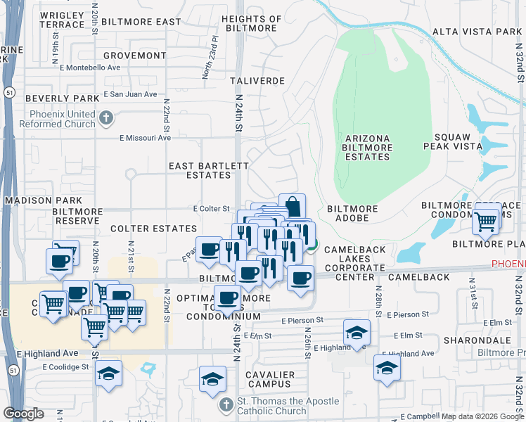 map of restaurants, bars, coffee shops, grocery stores, and more near 5205 North 24th Street in Phoenix
