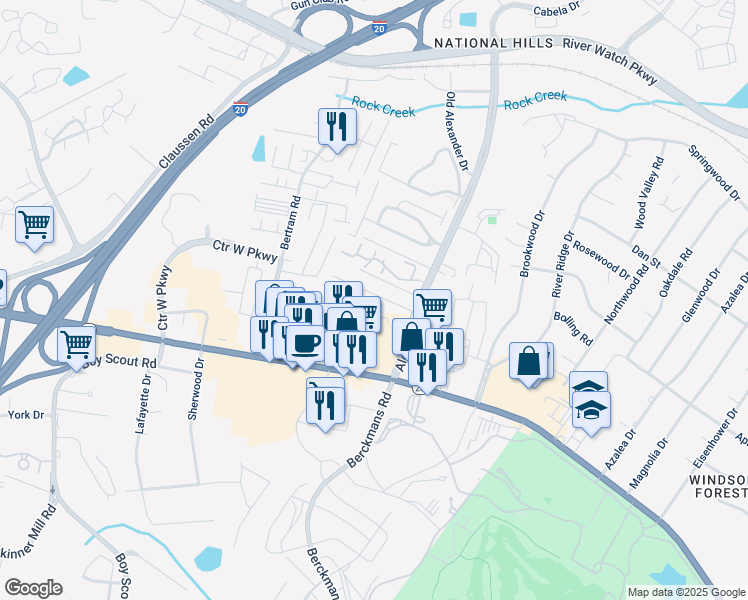 map of restaurants, bars, coffee shops, grocery stores, and more near 2022 Glennfield Lane in Augusta