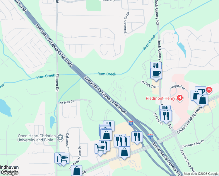 map of restaurants, bars, coffee shops, grocery stores, and more near 250 Evergreen Terrace in Stockbridge