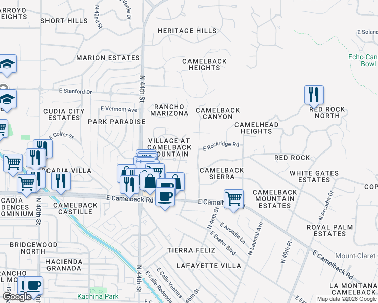 map of restaurants, bars, coffee shops, grocery stores, and more near 4448 East Camelback Road in Phoenix