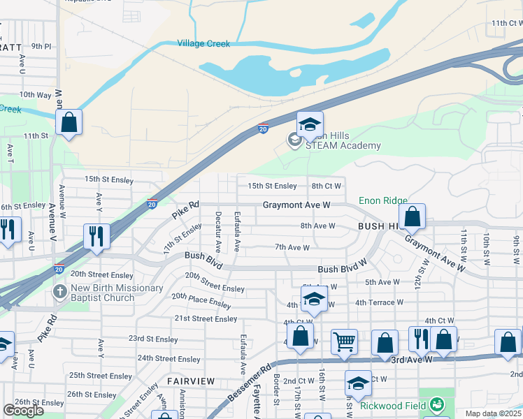 map of restaurants, bars, coffee shops, grocery stores, and more near 3105 Pike Road in Birmingham