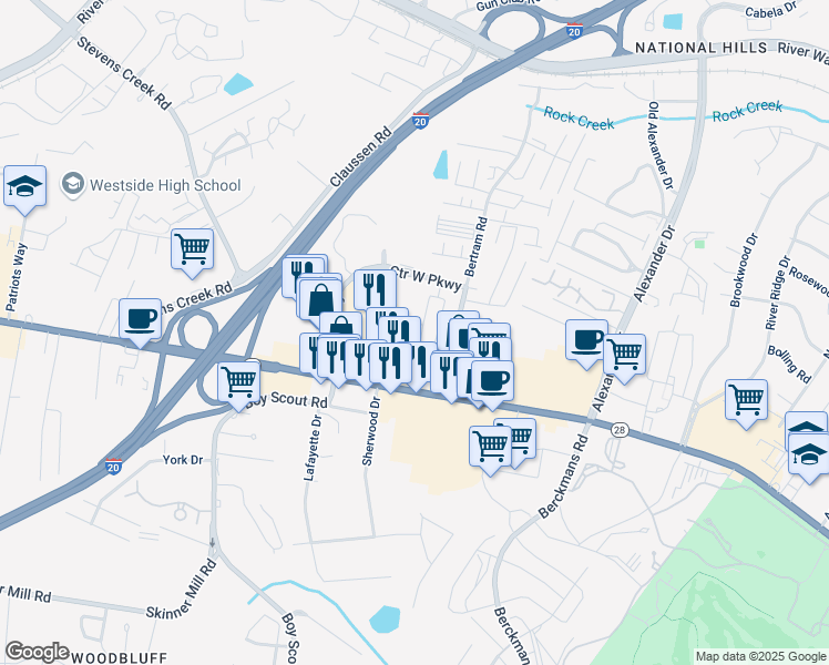 map of restaurants, bars, coffee shops, grocery stores, and more near 800 Bertram Court in Augusta