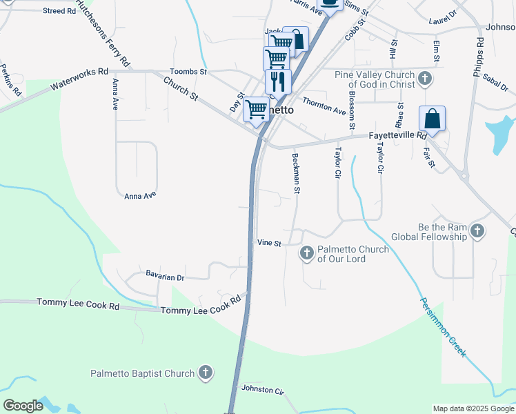 map of restaurants, bars, coffee shops, grocery stores, and more near 199b Cobb Street in Palmetto