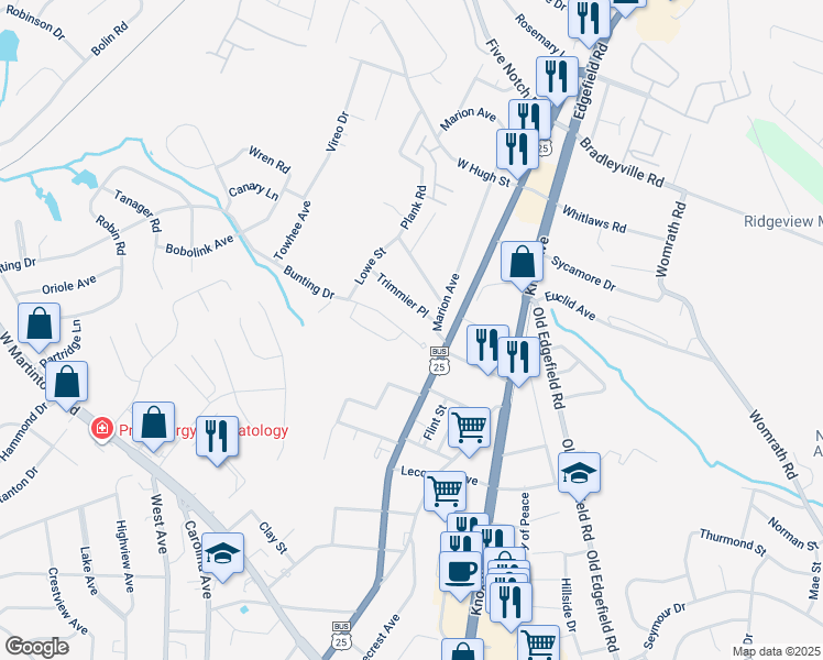 map of restaurants, bars, coffee shops, grocery stores, and more near 2018 Bunting Drive in North Augusta