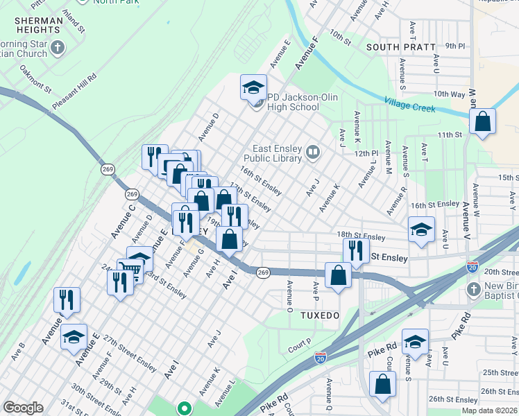 map of restaurants, bars, coffee shops, grocery stores, and more near 807 17th Street Ensley in Birmingham