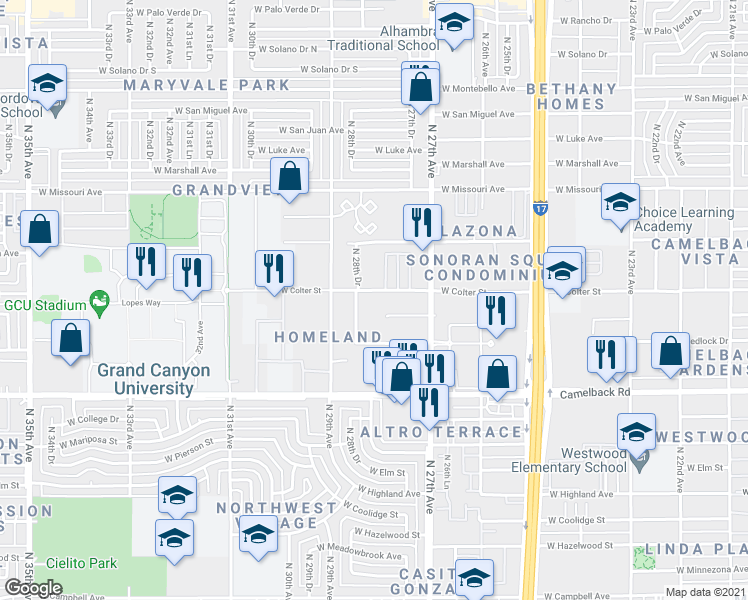 map of restaurants, bars, coffee shops, grocery stores, and more near 2741 West Colter Street in Phoenix