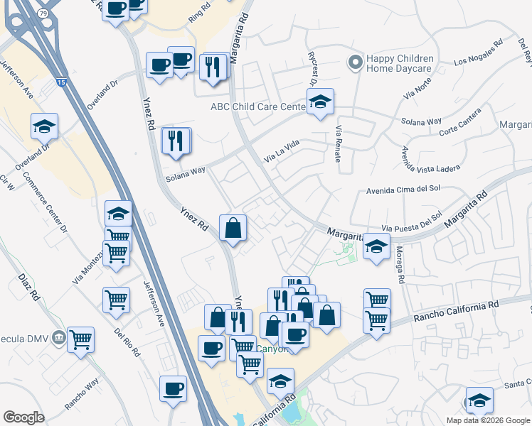 map of restaurants, bars, coffee shops, grocery stores, and more near 29525 Cara Way in Temecula