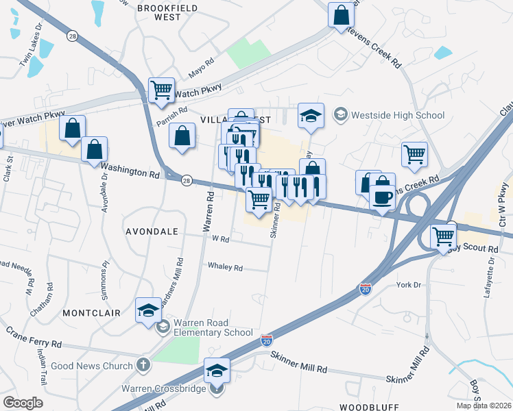map of restaurants, bars, coffee shops, grocery stores, and more near 3110 Washington Road in Augusta
