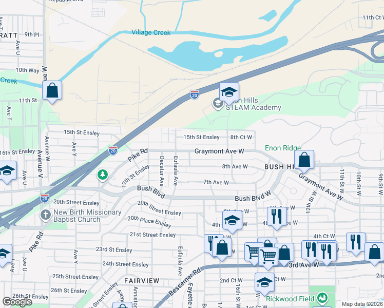 map of restaurants, bars, coffee shops, grocery stores, and more near 3105 Pike Road in Birmingham