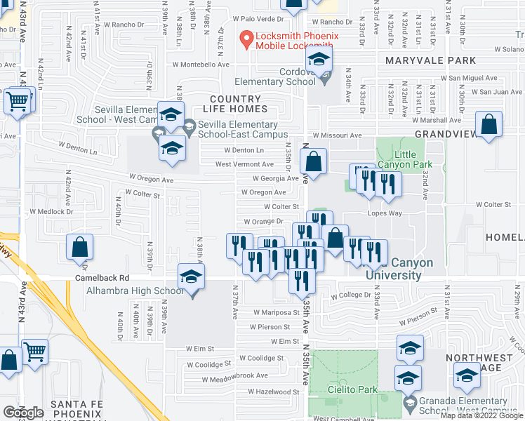 map of restaurants, bars, coffee shops, grocery stores, and more near 3607 West Colter Street in Phoenix