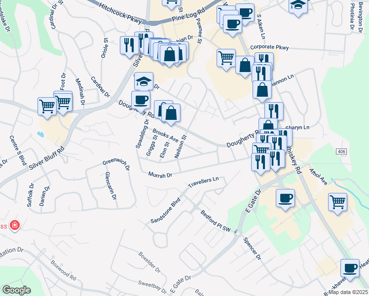 map of restaurants, bars, coffee shops, grocery stores, and more near 1001 Neilson Street in Aiken