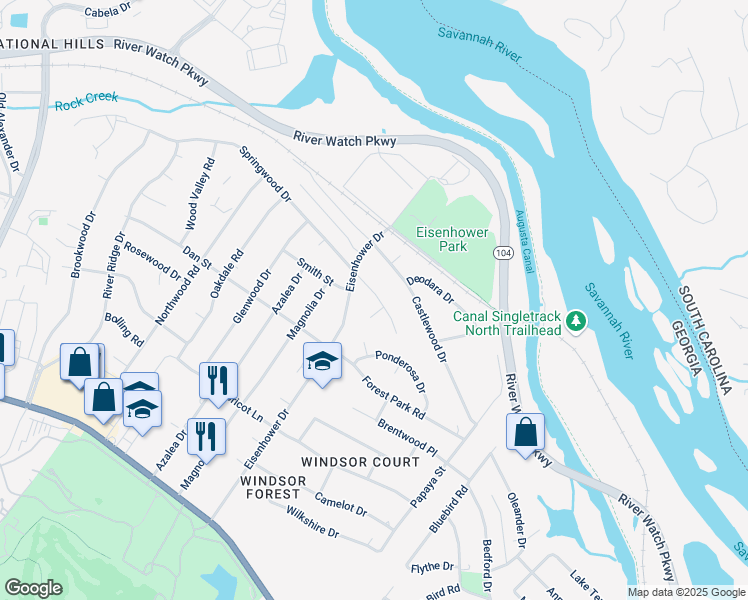 map of restaurants, bars, coffee shops, grocery stores, and more near 2524 Springwood Drive in Augusta