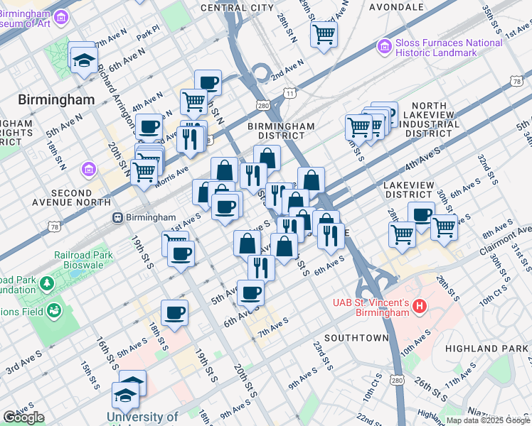 map of restaurants, bars, coffee shops, grocery stores, and more near 2324 3rd Avenue South in Birmingham
