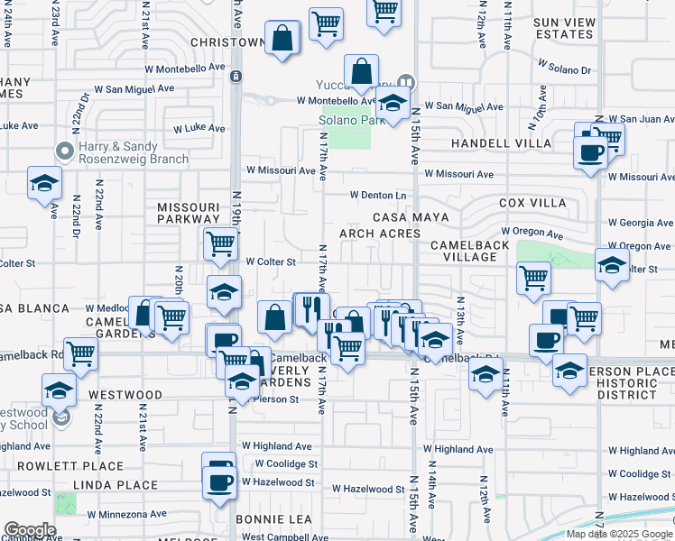 map of restaurants, bars, coffee shops, grocery stores, and more near 1633 West Colter Street in Phoenix