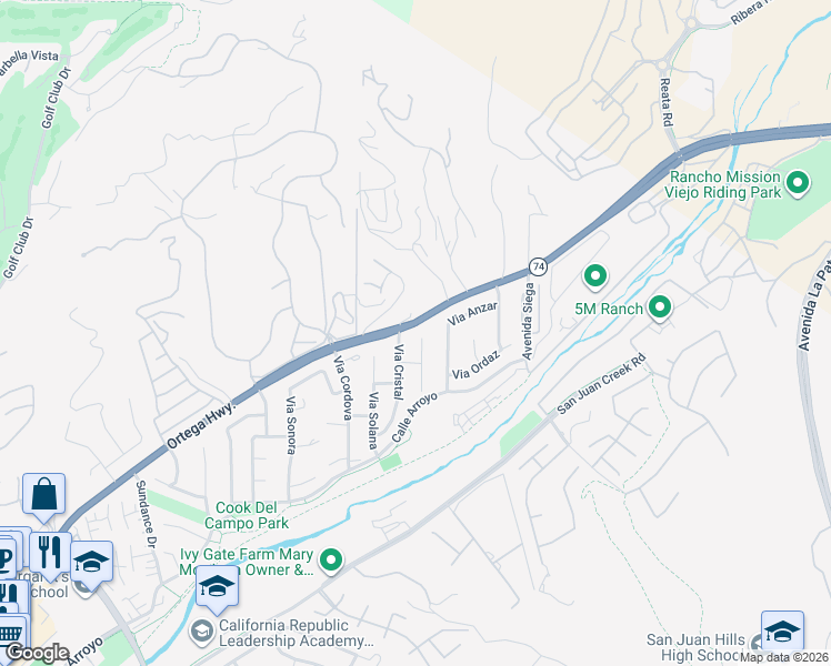 map of restaurants, bars, coffee shops, grocery stores, and more near 30991 Paseo Valencia in San Juan Capistrano