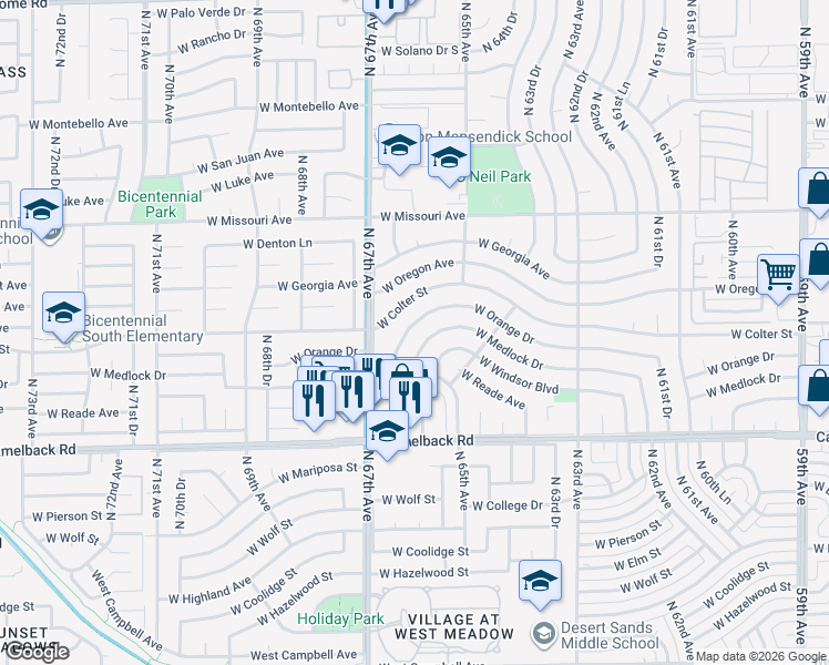 map of restaurants, bars, coffee shops, grocery stores, and more near 6609 West Orange Drive in Glendale