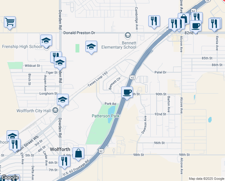 map of restaurants, bars, coffee shops, grocery stores, and more near 38 Bennett Circle in Wolfforth