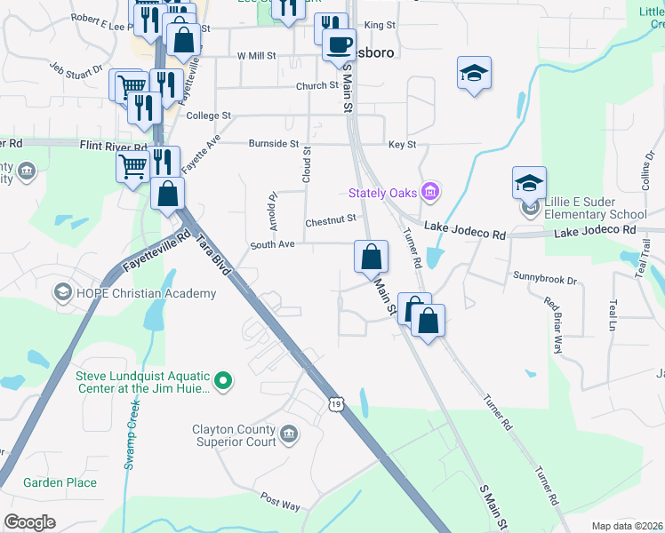 map of restaurants, bars, coffee shops, grocery stores, and more near 102 Batiste Garden Circle in Jonesboro