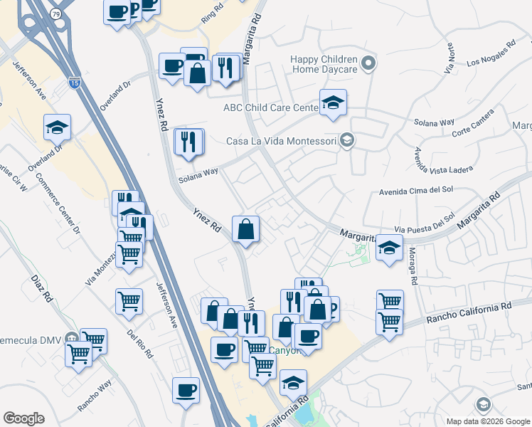 map of restaurants, bars, coffee shops, grocery stores, and more near 29525 Cara Way in Temecula