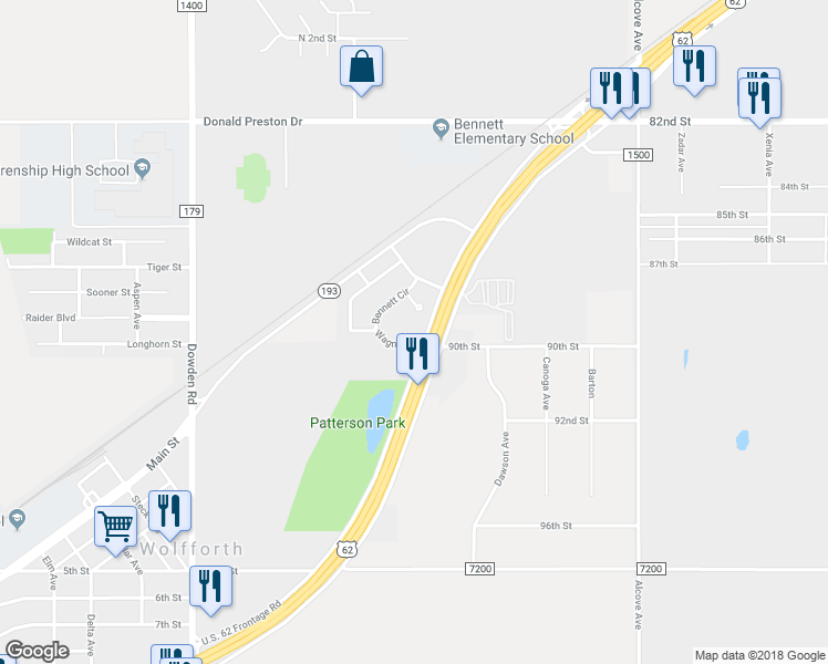 map of restaurants, bars, coffee shops, grocery stores, and more near 15 Wagnon Drive in Wolfforth