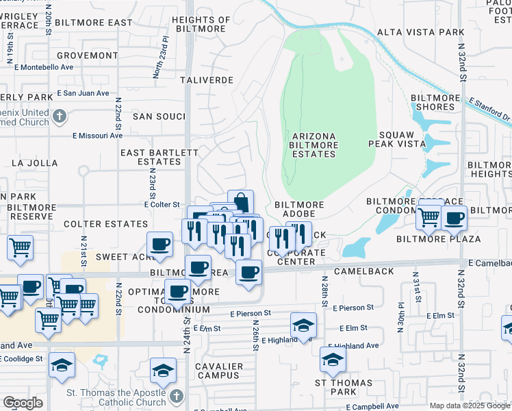 map of restaurants, bars, coffee shops, grocery stores, and more near 5223 North 24th Street in Phoenix