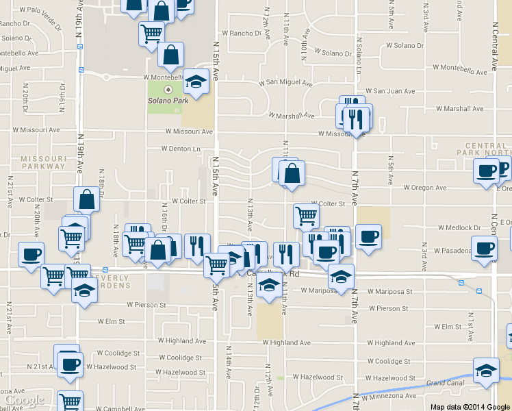 map of restaurants, bars, coffee shops, grocery stores, and more near in Phoenix