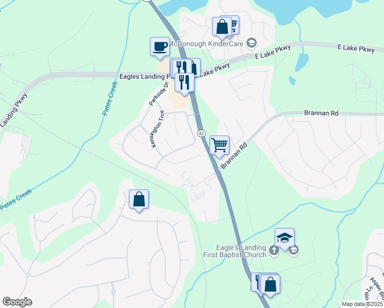 map of restaurants, bars, coffee shops, grocery stores, and more near 250 Kensington Trce in Stockbridge