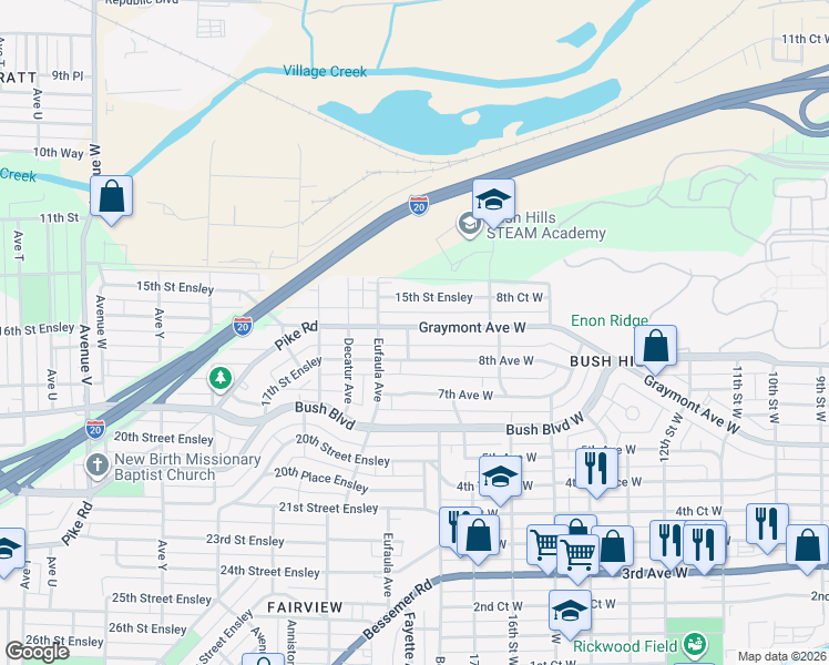 map of restaurants, bars, coffee shops, grocery stores, and more near 3105 Pike Road in Birmingham