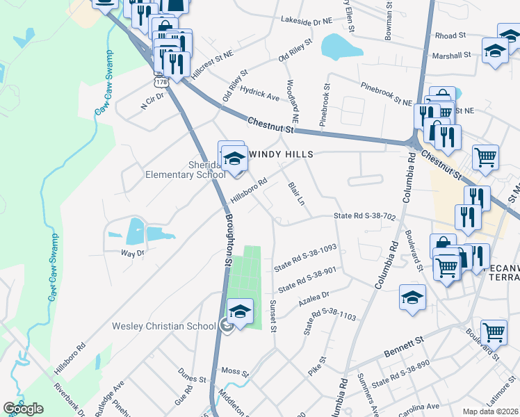 map of restaurants, bars, coffee shops, grocery stores, and more near 115 Crescent Oaks Court in Orangeburg
