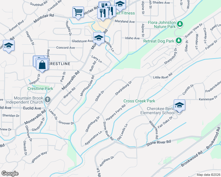 map of restaurants, bars, coffee shops, grocery stores, and more near 4229 Shiloh Dr in Birmingham