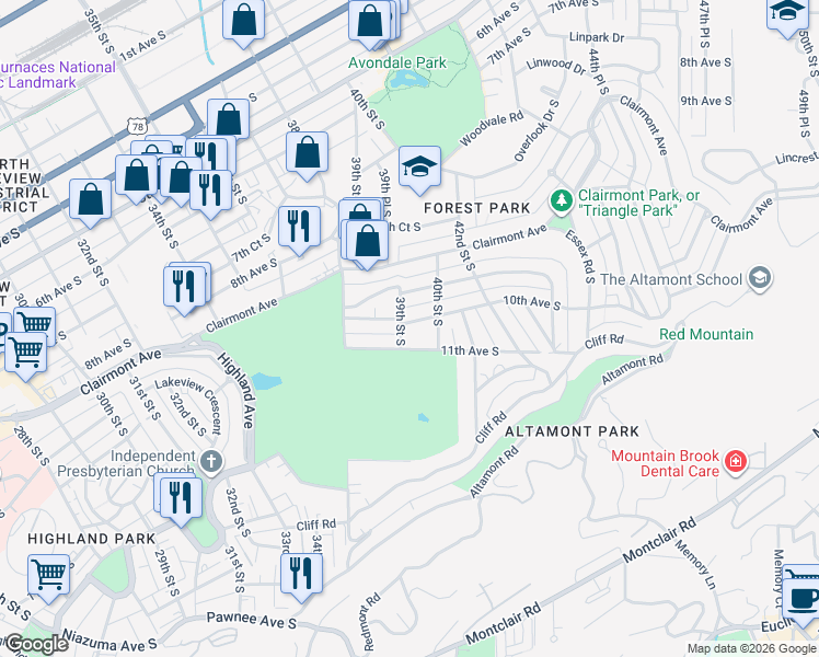 map of restaurants, bars, coffee shops, grocery stores, and more near 3907 10th Avenue South in Birmingham