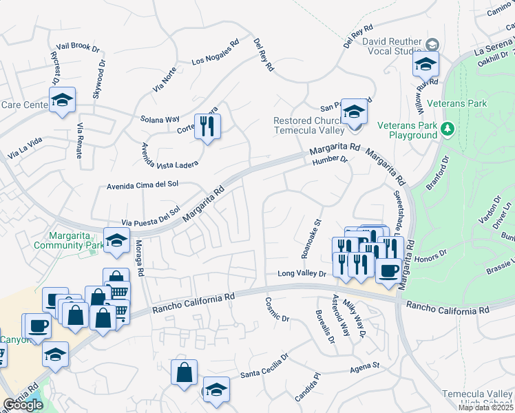 map of restaurants, bars, coffee shops, grocery stores, and more near 42109 Humber Drive in Temecula