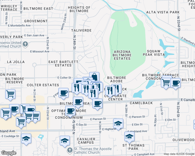 map of restaurants, bars, coffee shops, grocery stores, and more near 5223 North 24th Street in Phoenix
