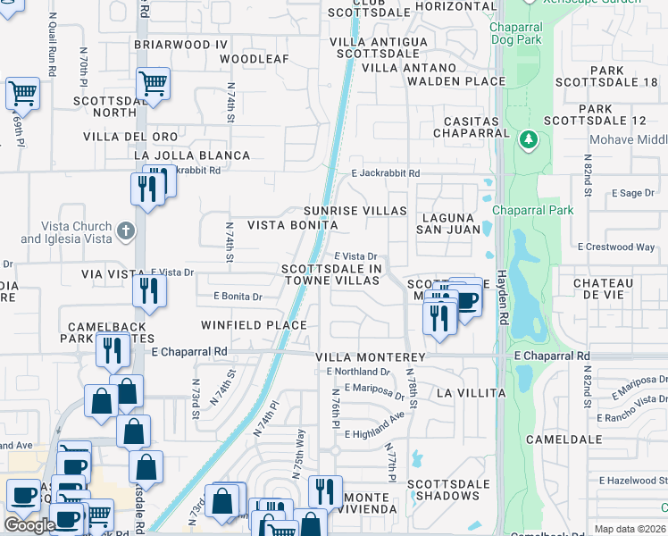 map of restaurants, bars, coffee shops, grocery stores, and more near 7624 East Sandalwood Drive in Scottsdale