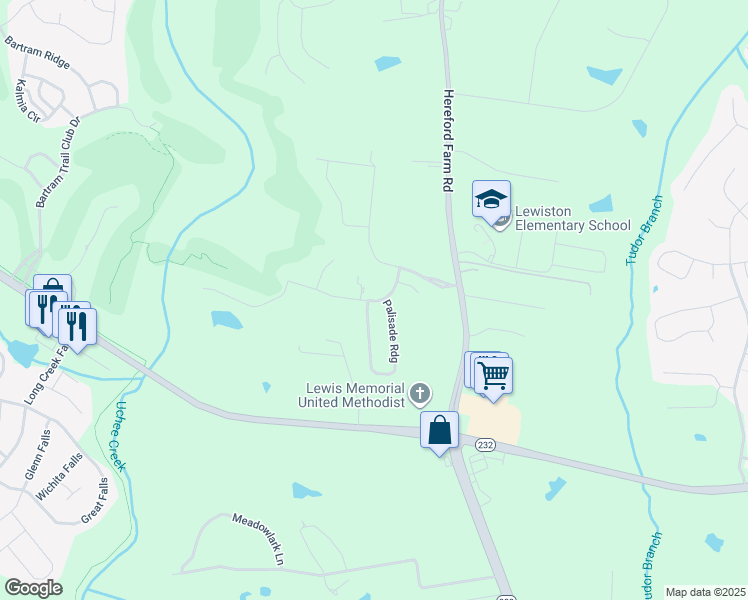 map of restaurants, bars, coffee shops, grocery stores, and more near 1707 Stablebridge Way in Evans