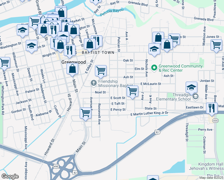 map of restaurants, bars, coffee shops, grocery stores, and more near 613 Avenue F in Greenwood