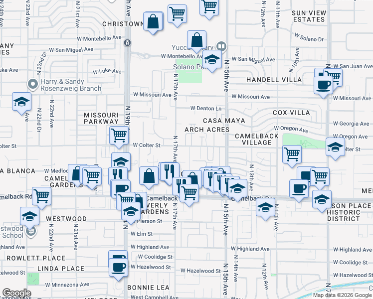map of restaurants, bars, coffee shops, grocery stores, and more near 1633 West Colter Street in Phoenix
