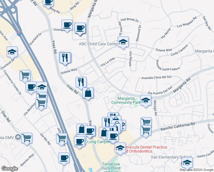 map of restaurants, bars, coffee shops, grocery stores, and more near 29520 Courtney Place in Temecula
