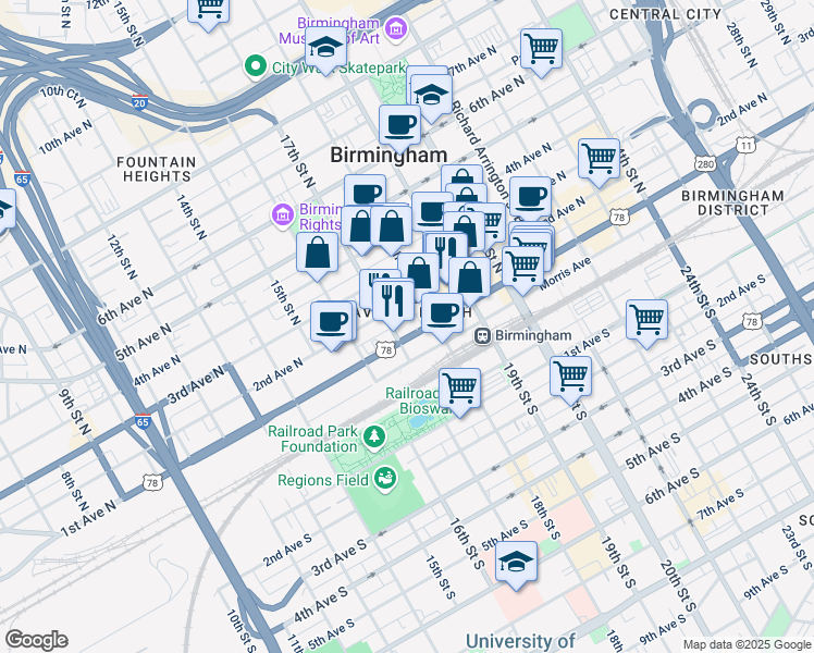 map of restaurants, bars, coffee shops, grocery stores, and more near 1710 1st Avenue North in Birmingham